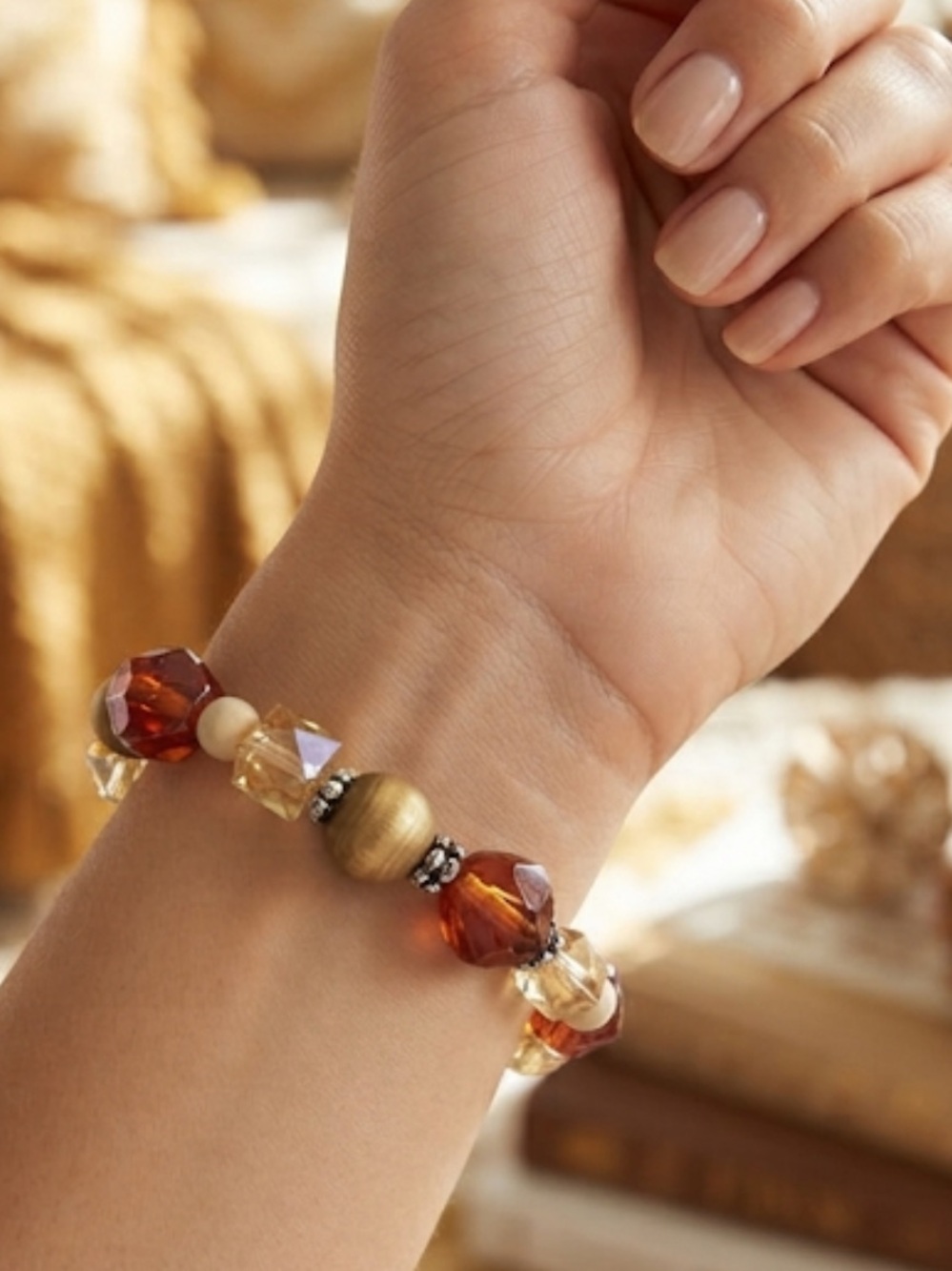 Handmade Amber & Gold Beaded Stretch Bracelet
